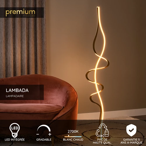 Lucide LAMBADA - Lampadaire - LED Dim. - 1x38W 2700K - Or Mat / Laiton | Premium - USP